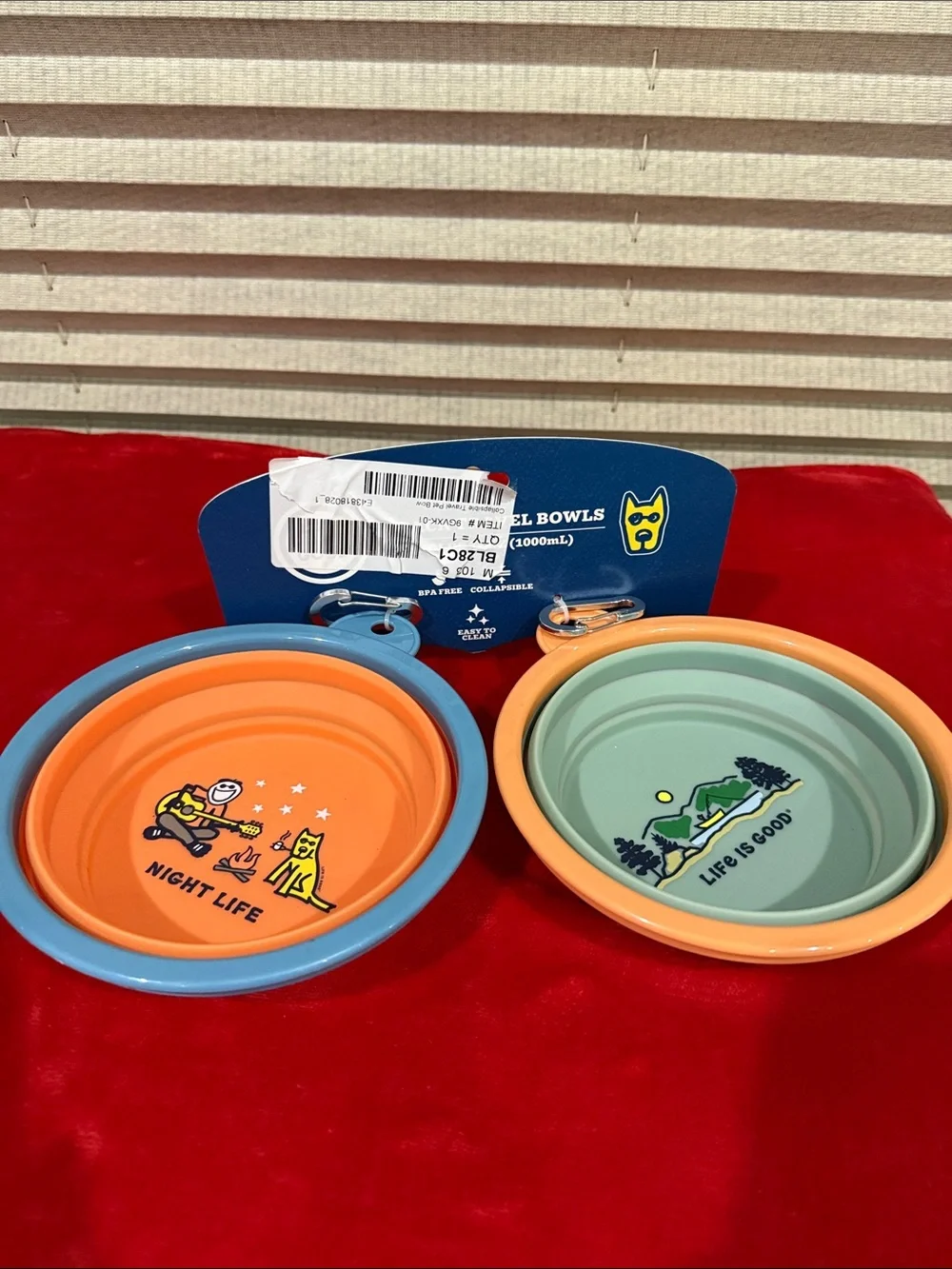 Life Is Good Orange & Sage Collapsible Silicone Travel Bowls with Blue Trim